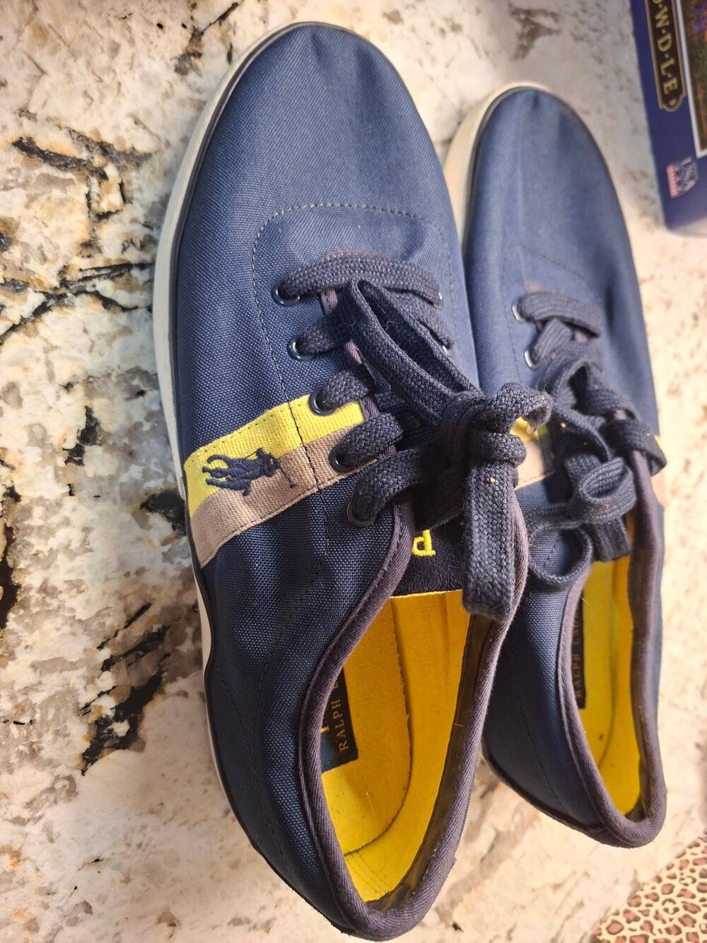 Polo Ralph Lauren Halford Navy Blue Yellow Mens 10.5 Canvas Sneakers Low Top